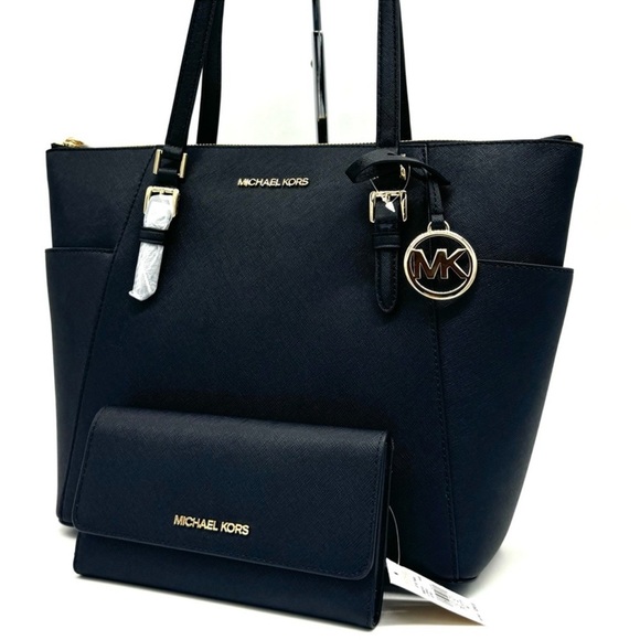 Michael Kors Large Charlotte Tote Bag & Large Trifold Wallet Black/Gold - Picture 1 of 13